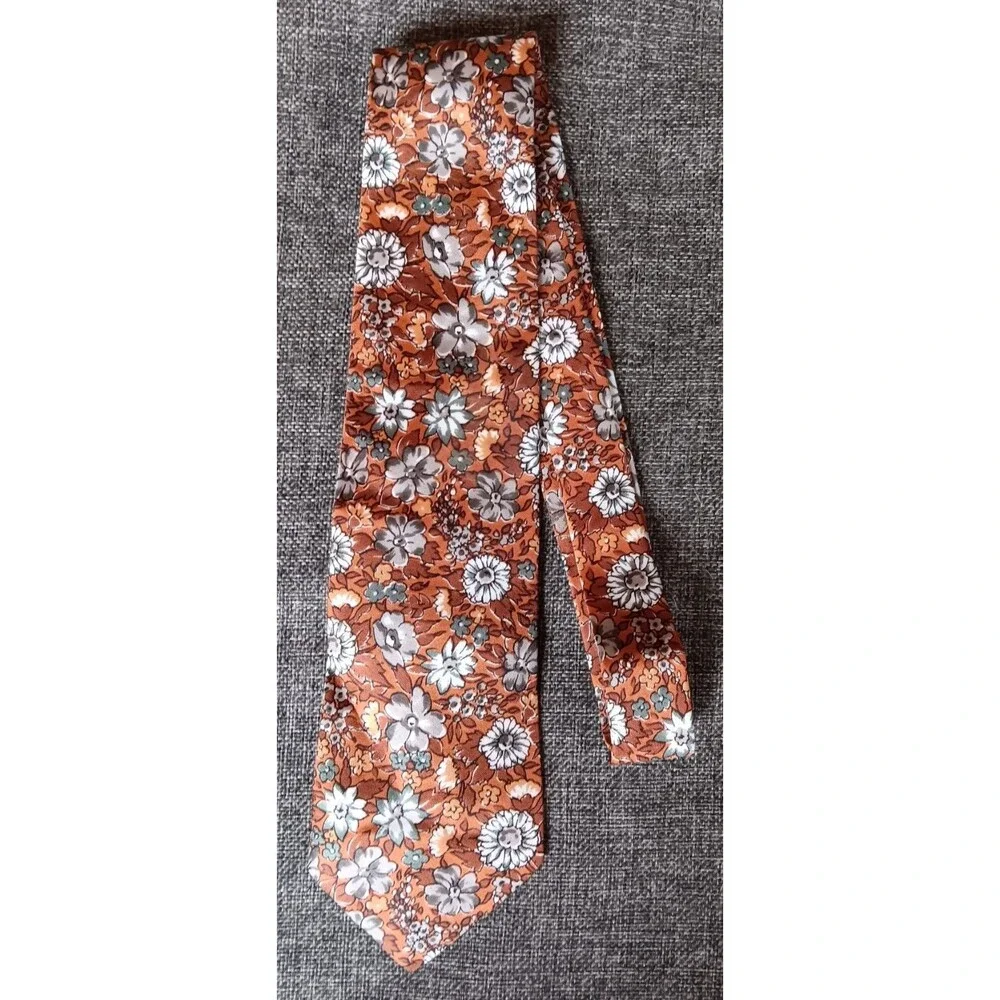Tie 70s 80s 90s Y2K Mens Alessio Silk Brown Gray Floral 3.75 Wide 54 Long